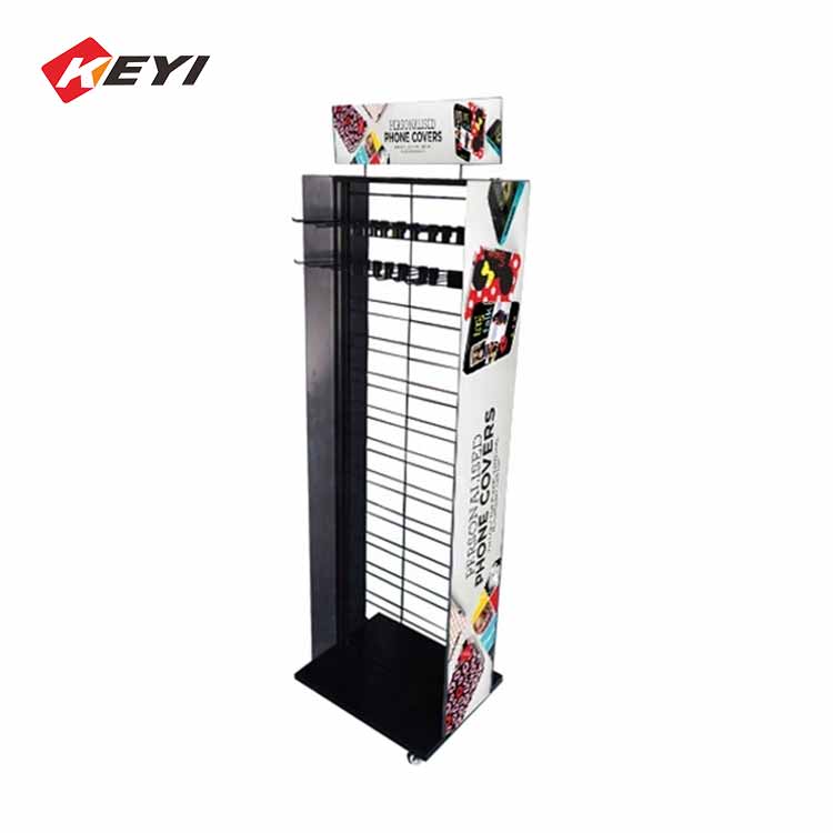 Double Sided Hanging Cell Phone Case Display Rack With Pivoting Casters