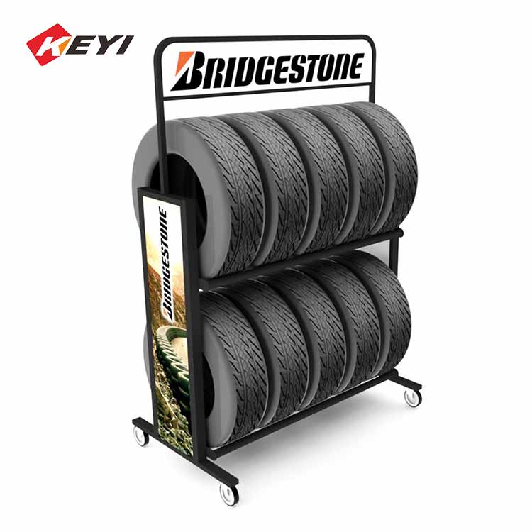 2 tier mobile tire display rack with 4 caster wheel