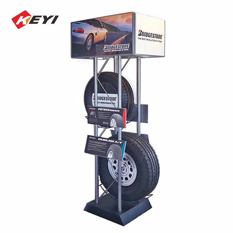 metal floor auto tyre display rack with ads signs