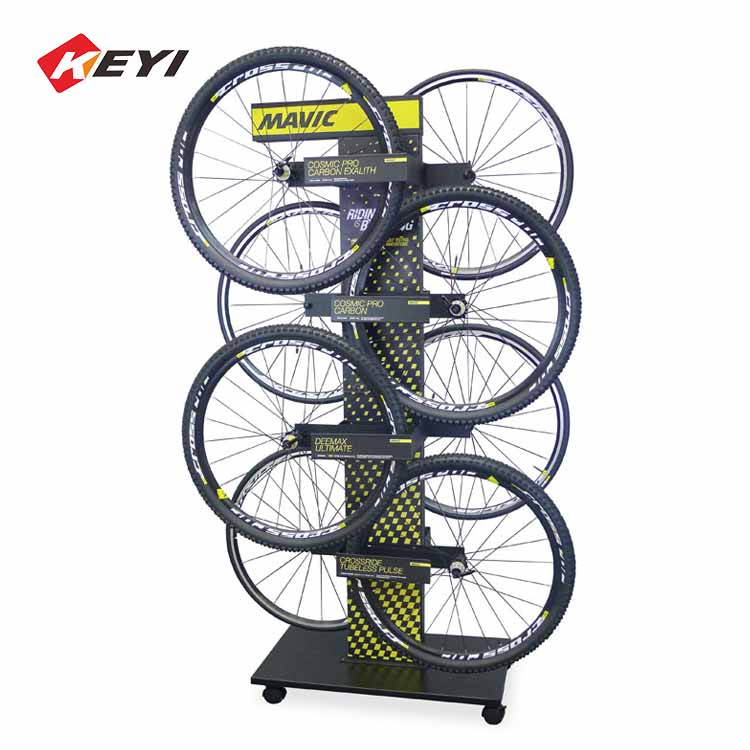 wholesale custom floor standing bike tire display stand with 4 caster wheel