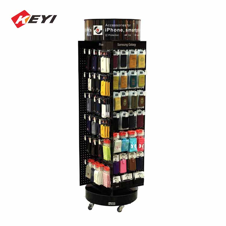 4 sided rotating display stand for hanging mobile phone accessories,with 4 caster
