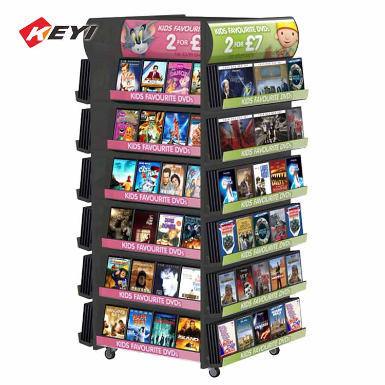 shopping mall large retail dvd display stand with mobile casters