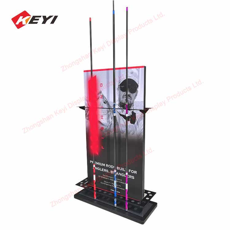 Double Sided Fishing Rod Display Rack - Black, Metal And Wood Material