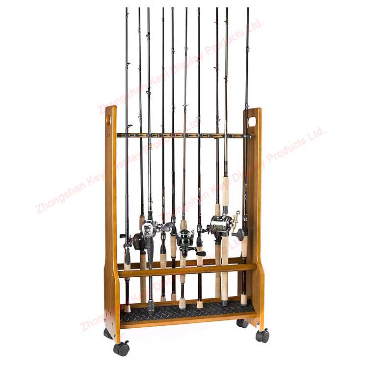 Easy to assemble Wooden Fishing Rod Rack With Wheel