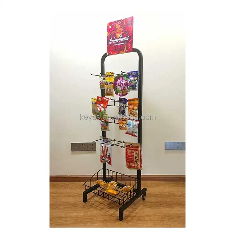 Custom Supermarket Retail Store Metal Display Rack Wire Shelf Hanging Candy Snack Potato Chips Display Stand With Wheel
